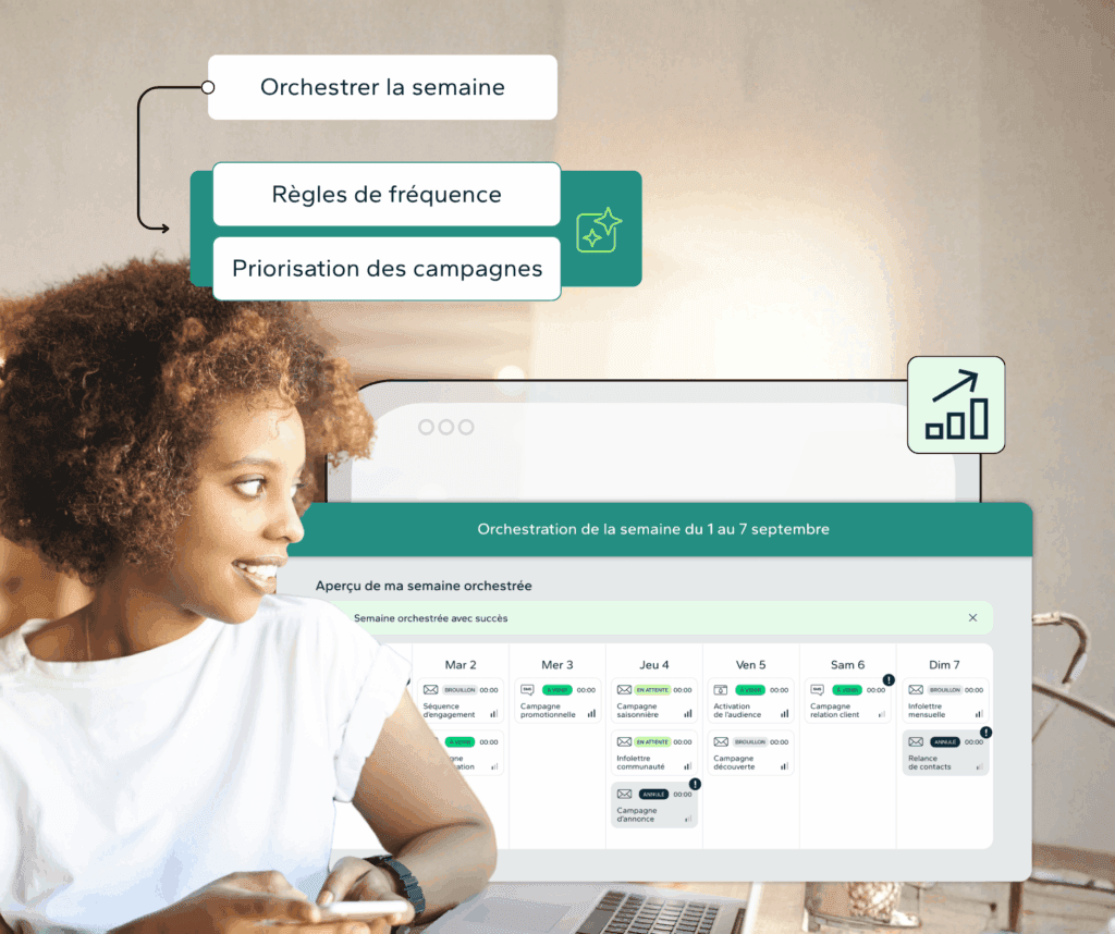 Marketeuse utilisant l’outil Orchestrateur de Dialog Insight pour planifier des campagnes et réduire la pression commerciale et augmenter ses résultats