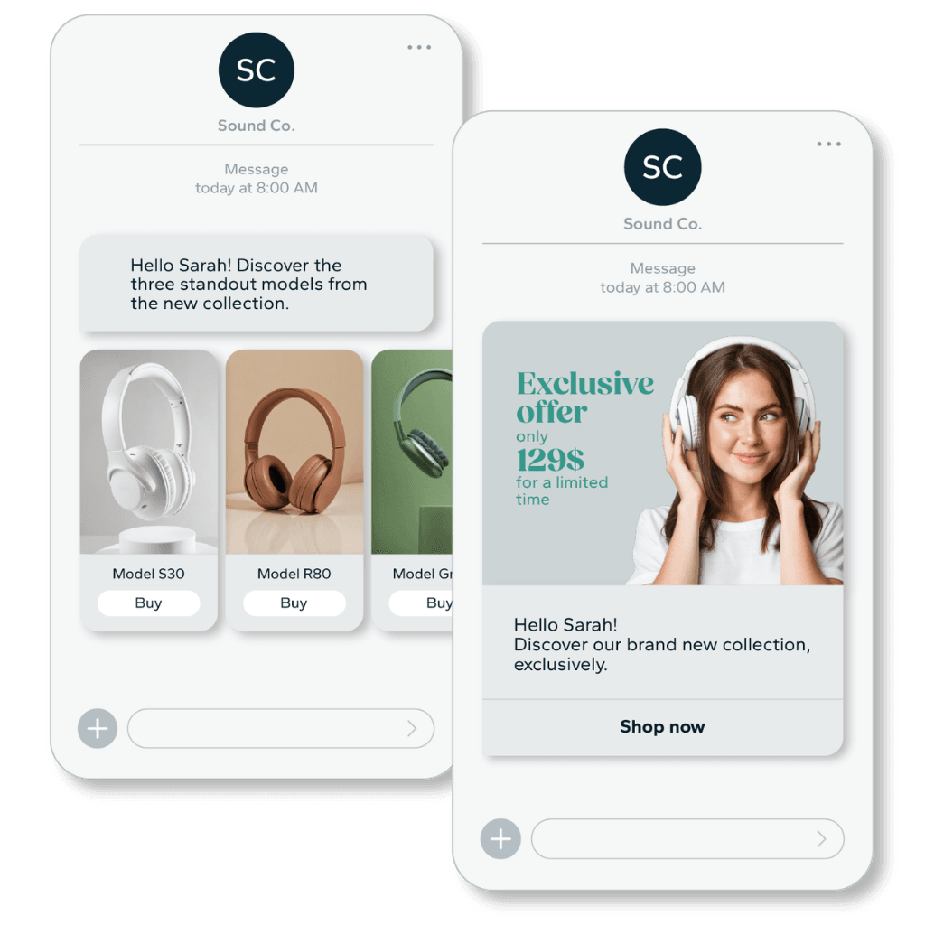 Preview of an RCS marketing campaign created with Dialog Insight, featuring interactive messaging with images, action buttons, and personalized content.